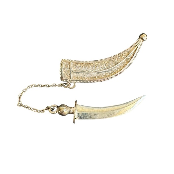 Vintage Sterling Silver Dagger & Sheath Brooch Spun Filigree Sword Pin Chain